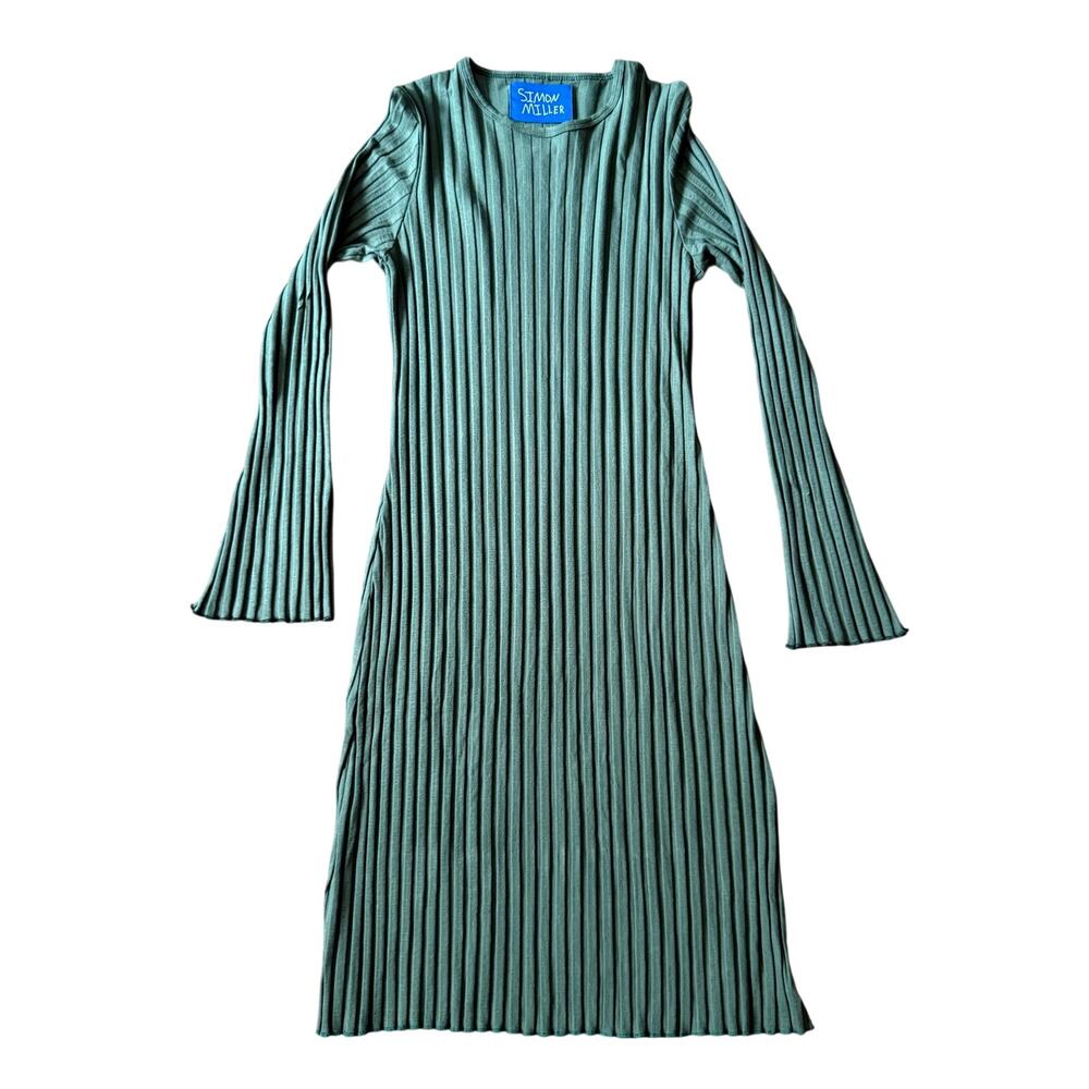 Simon Miller Green Ribbed Knit Midi Dress Long Sleeve Fitted Women's Sz Small